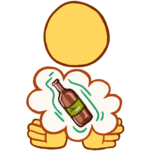 A drawing of an emoji yellow person, depicted as a blank head and two hands. In their hands is a thought bubble, which contains a brown bottle of alcohol with a green label. There are dark green emphasis lines around the bottle, loosely outlining its shape.